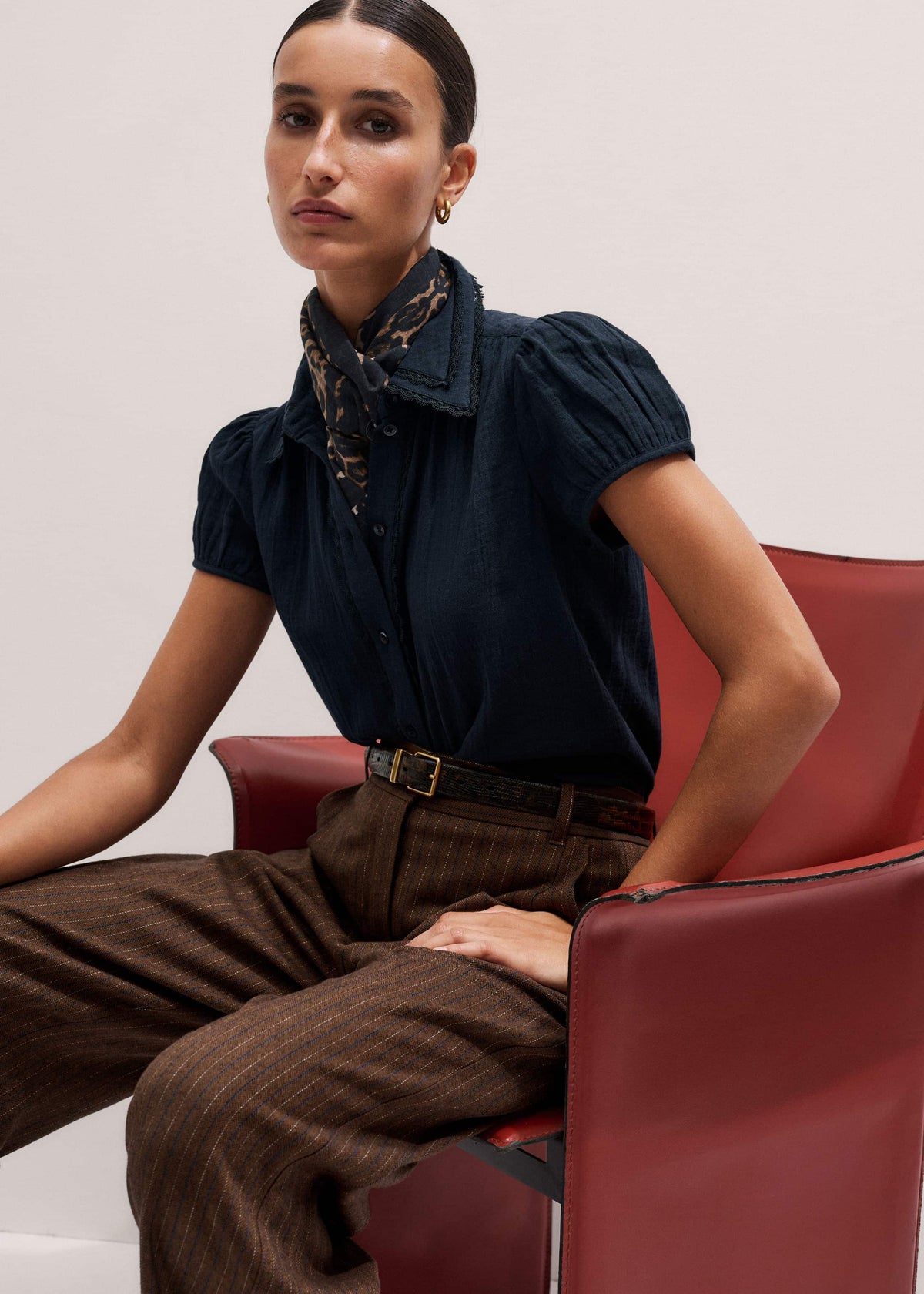 ME+EM Navy Cheesecloth Cap-Sleeve Blouse