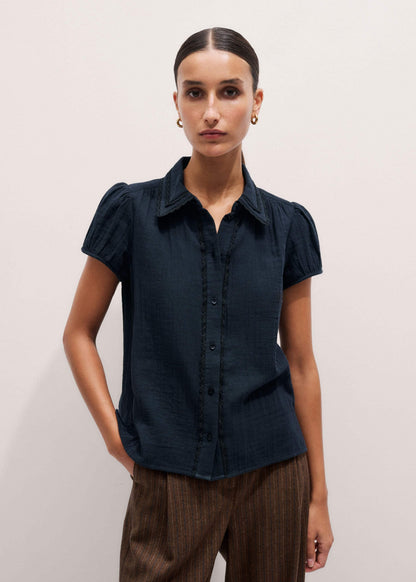 ME+EM Navy Cheesecloth Cap-Sleeve Blouse