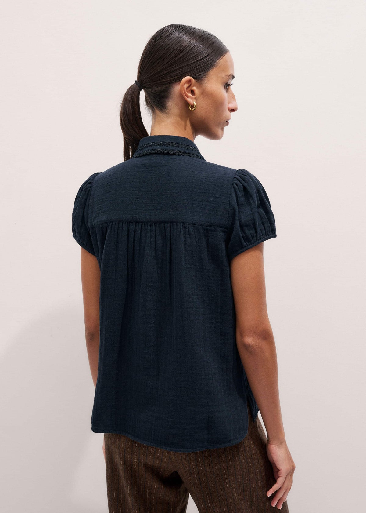 ME+EM Navy Cheesecloth Cap-Sleeve Blouse