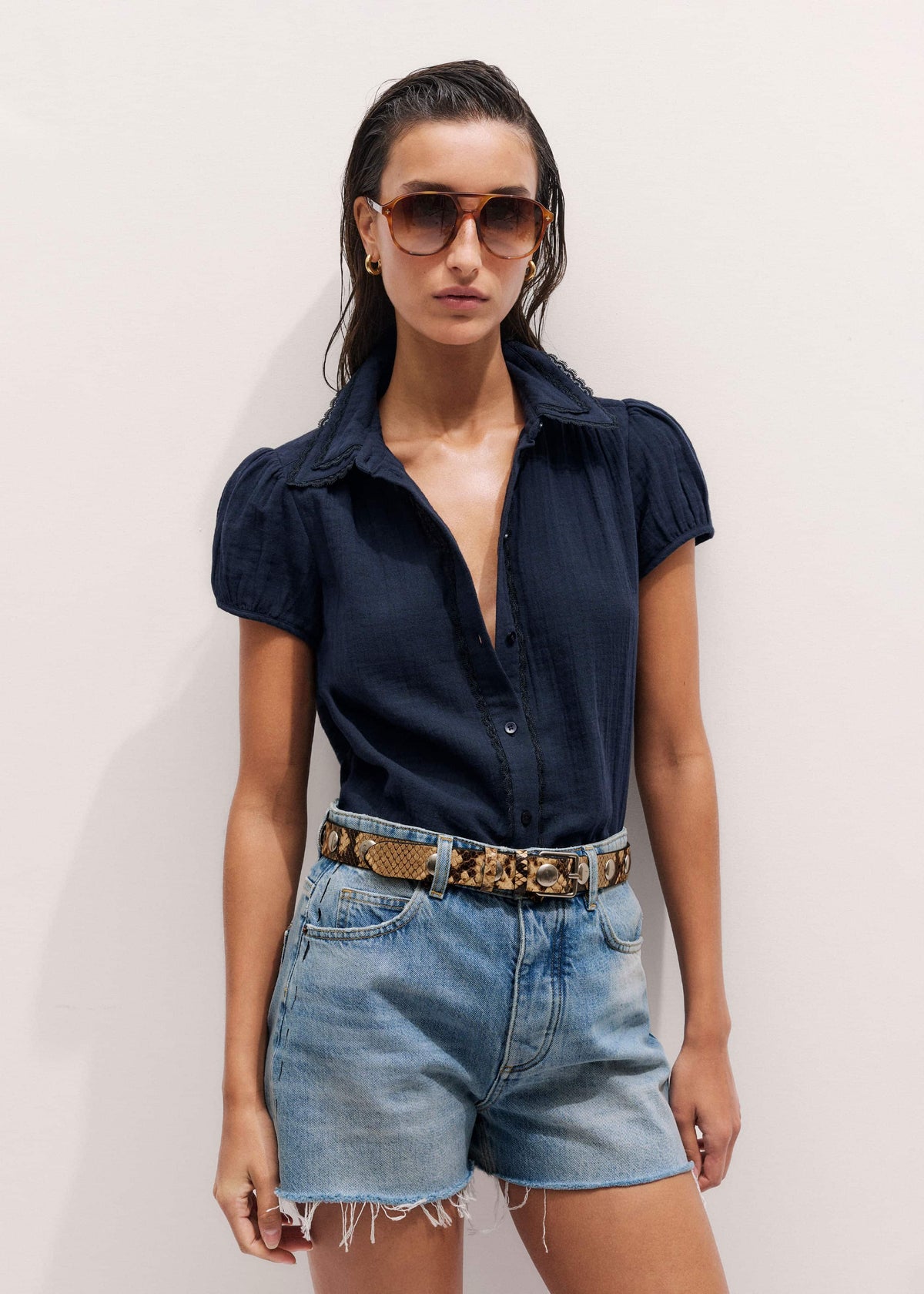 ME+EM Navy Cheesecloth Cap-Sleeve Blouse