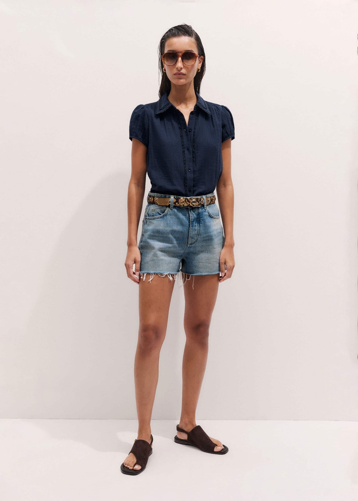 ME+EM Navy Cheesecloth Cap-Sleeve Blouse