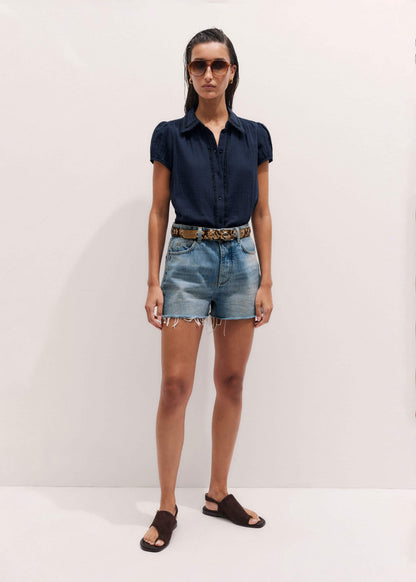 ME+EM Navy Cheesecloth Cap-Sleeve Blouse