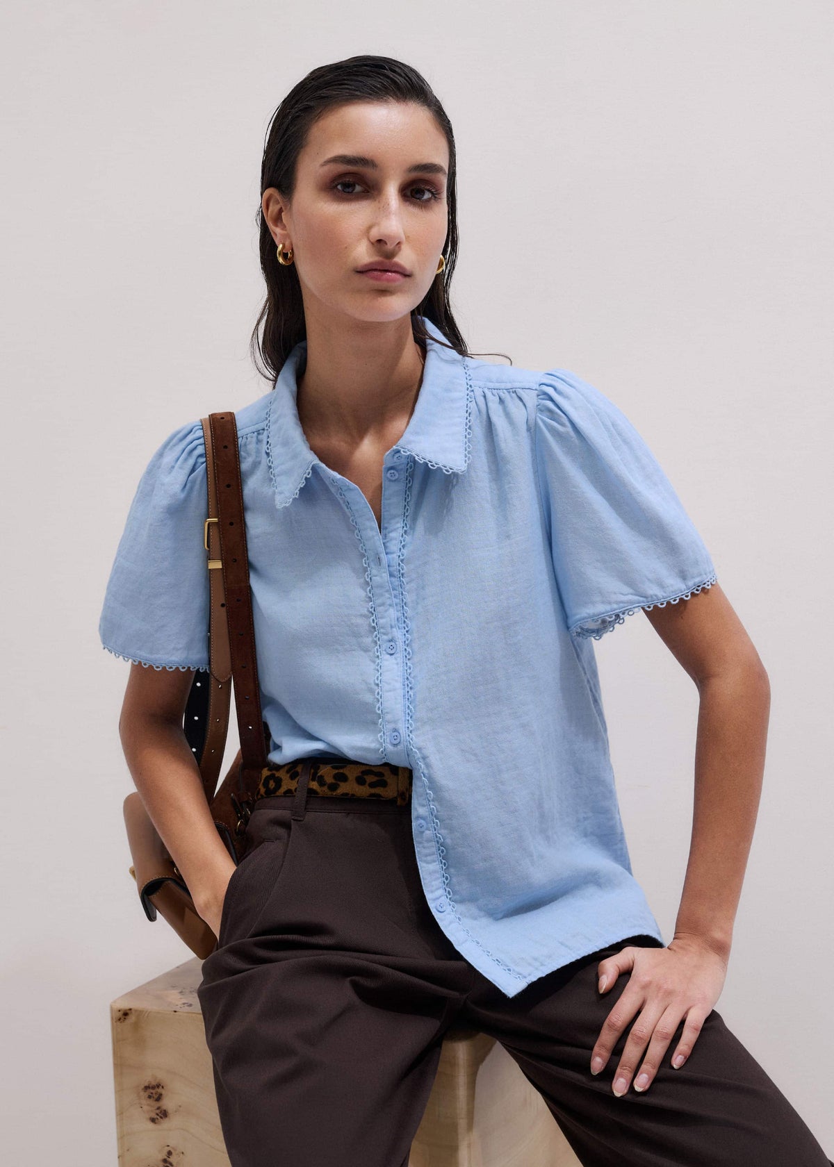 ME+EM Blue Cheesecloth Summer Blouse