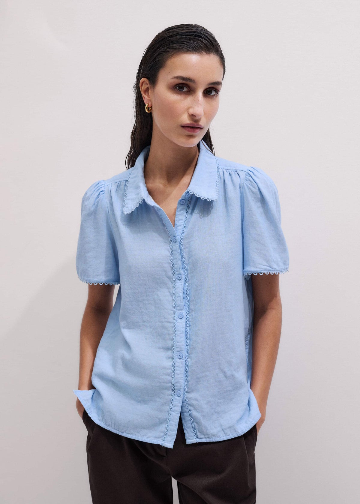 ME+EM Blue Cheesecloth Summer Blouse