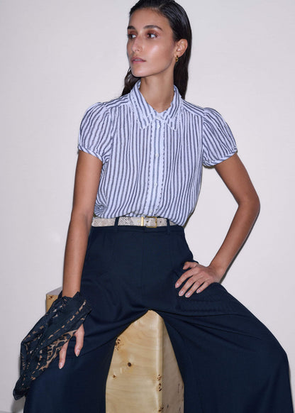 ME+EM Navy Cheesecloth Stripe Cap-Sleeve Blouse