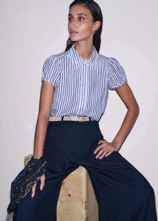 ME+EM Navy Cheesecloth Stripe Cap-Sleeve Blouse