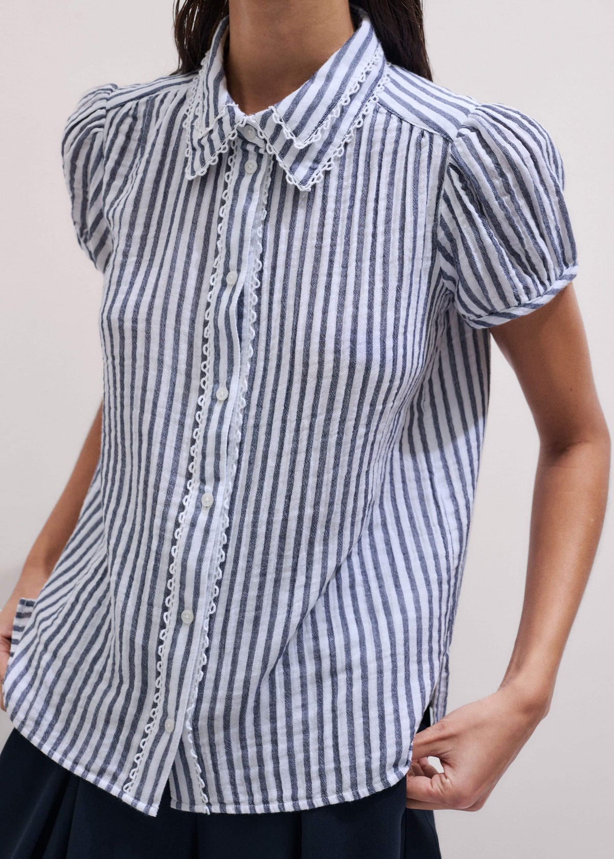 ME+EM Navy Cheesecloth Stripe Cap-Sleeve Blouse