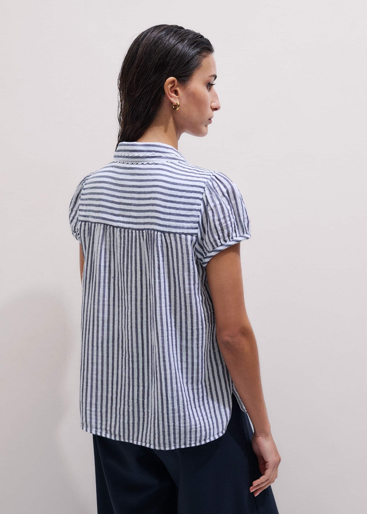 ME+EM Navy Cheesecloth Stripe Cap-Sleeve Blouse