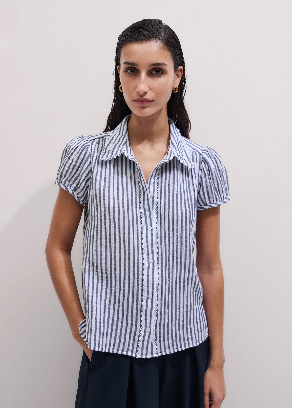 ME+EM Navy Cheesecloth Stripe Cap-Sleeve Blouse