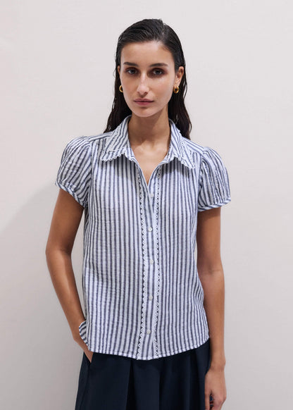 ME+EM Navy Cheesecloth Stripe Cap-Sleeve Blouse