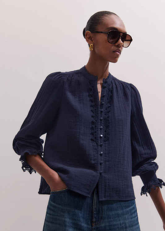 ME+EM Navy Cheesecloth Intricate Detail Blouse