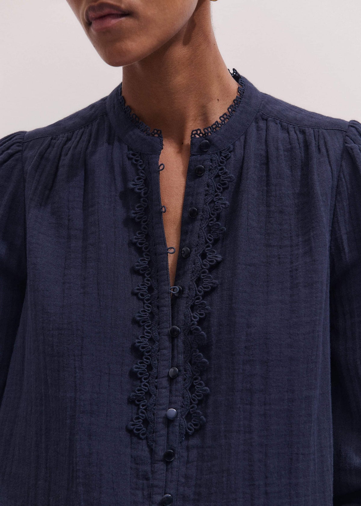 ME+EM Navy Cheesecloth Intricate Detail Blouse