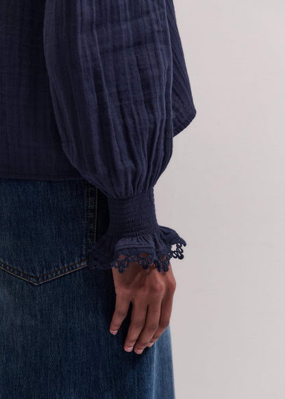 ME+EM Navy Cheesecloth Intricate Detail Blouse