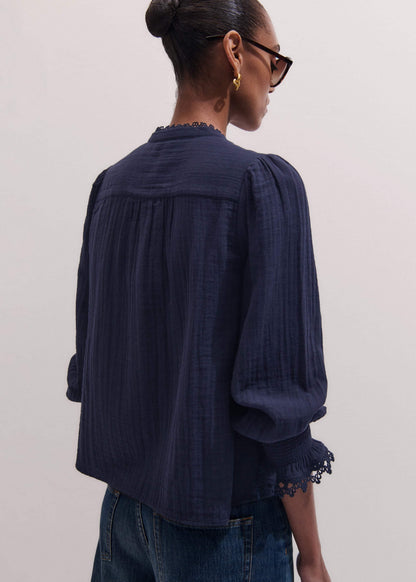 ME+EM Navy Cheesecloth Intricate Detail Blouse