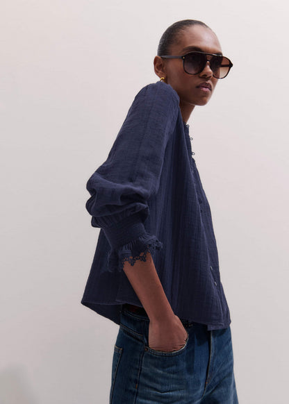 ME+EM Navy Cheesecloth Intricate Detail Blouse