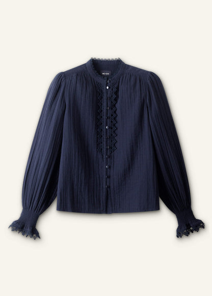 ME+EM Navy Cheesecloth Intricate Detail Blouse
