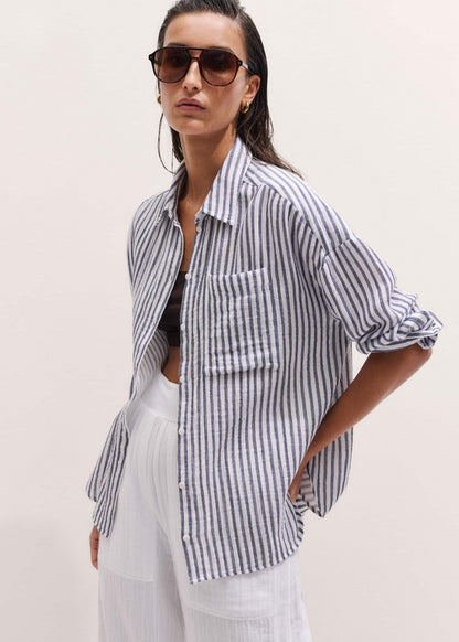ME+EM Navy Cheesecloth Relaxed Stripe Shirt