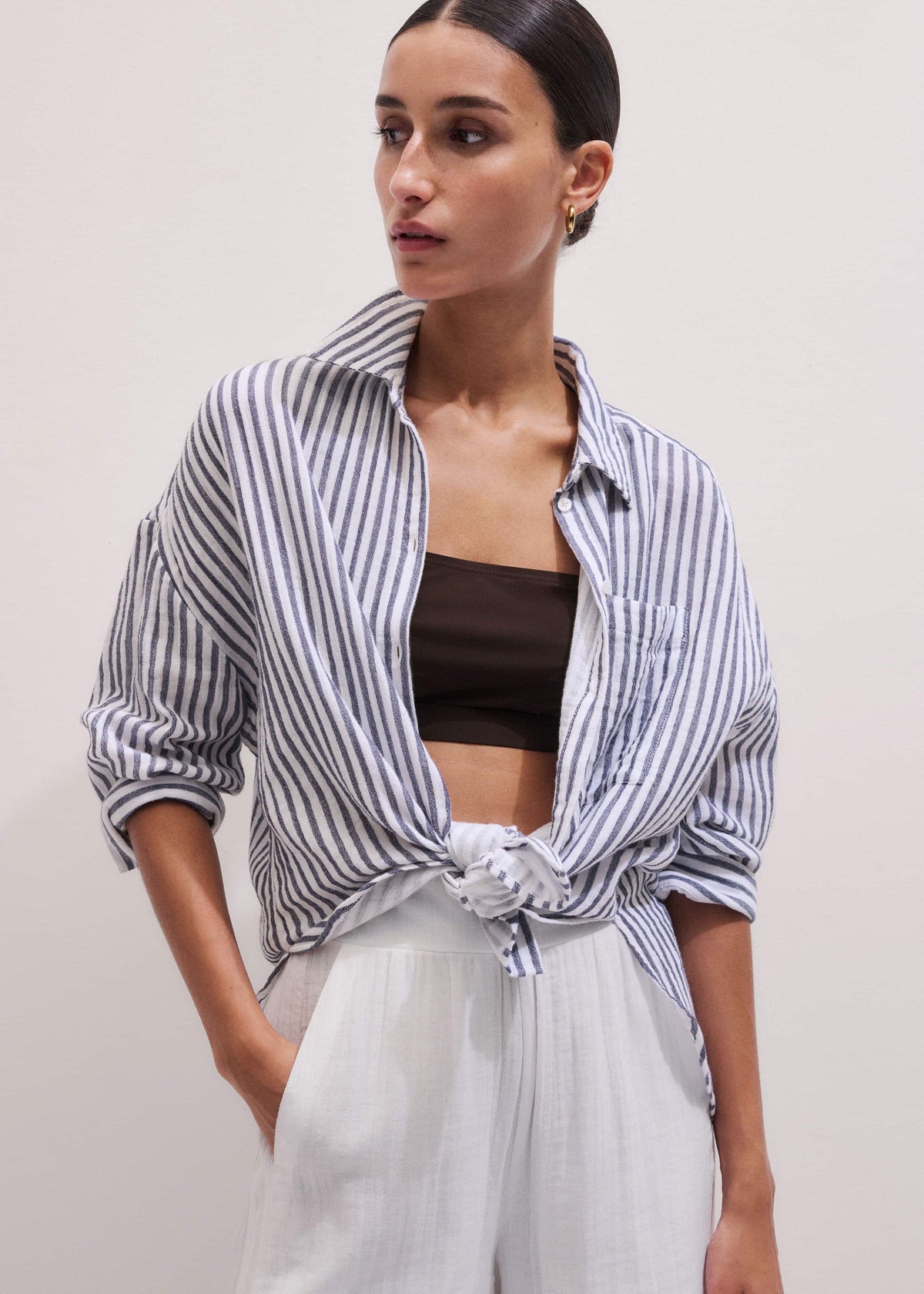 ME+EM Navy Cheesecloth Relaxed Stripe Shirt