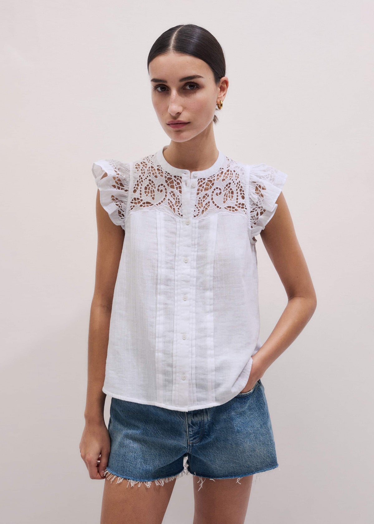 ME+EM White Cheesecloth Embroidered Swing Top