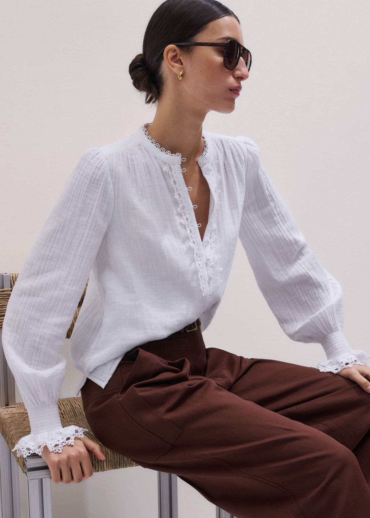 ME+EM White Cheesecloth Intricate Detail Blouse