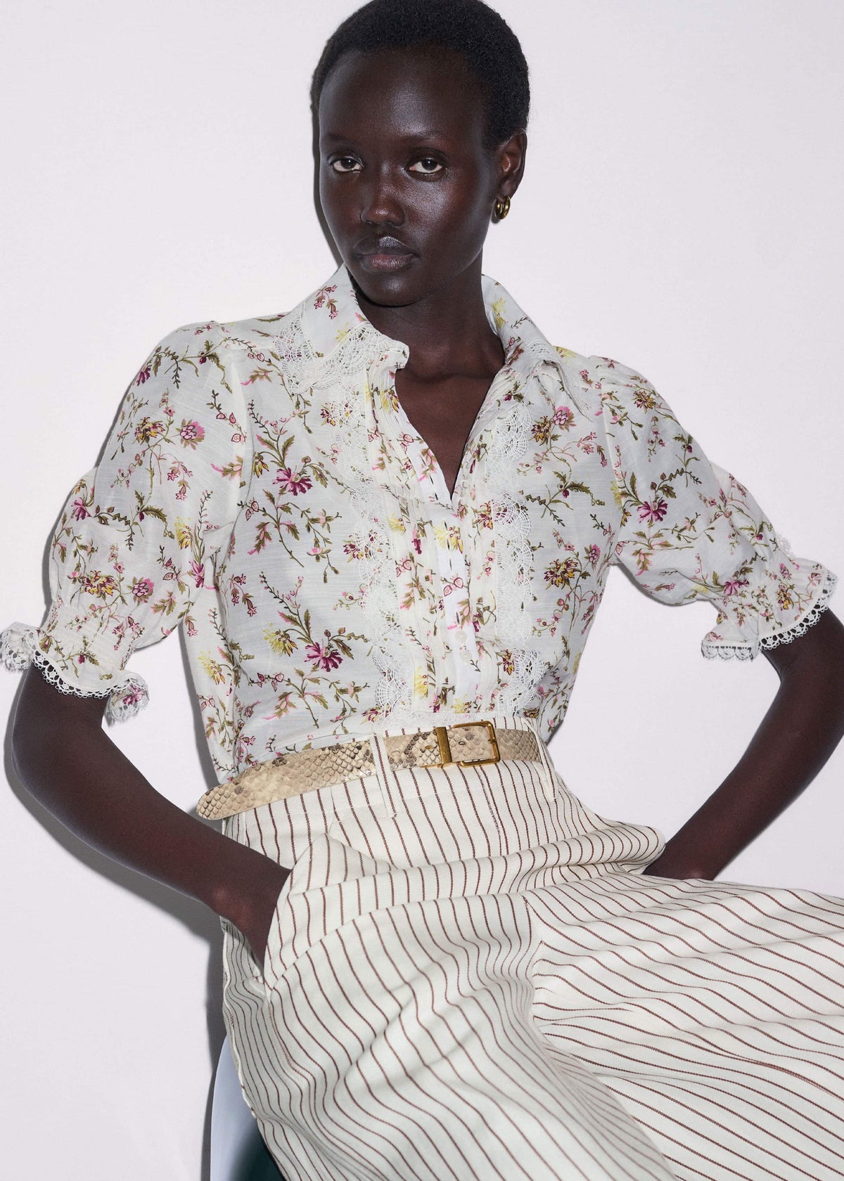 ME+EM Cream Silk Cotton Wild Spring Floral Print Blouse