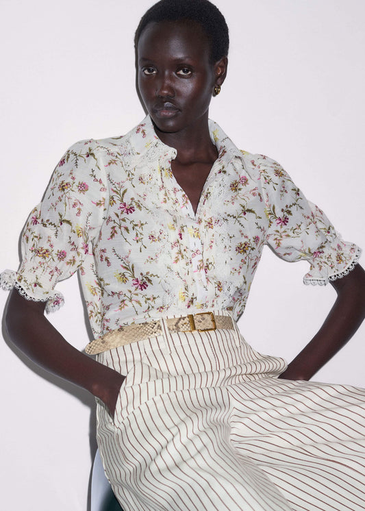 ME+EM Cream Silk Cotton Wild Spring Floral Print Blouse