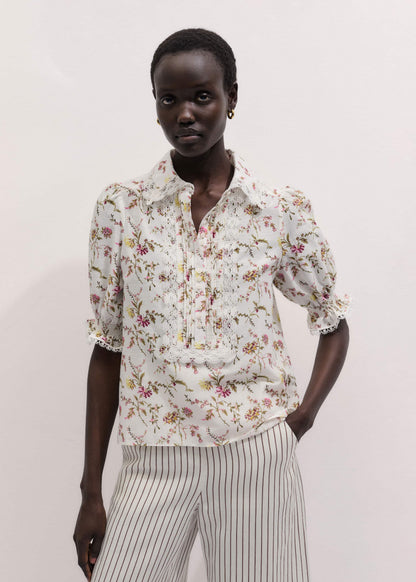 ME+EM Cream Silk Cotton Wild Spring Floral Print Blouse