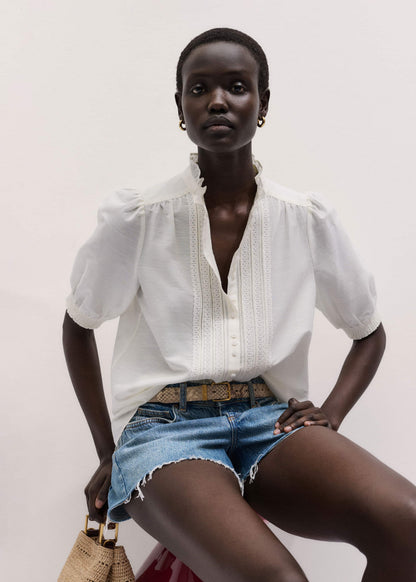 ME+EM White Silk + Cotton Pintuck Detail Straight Blouse