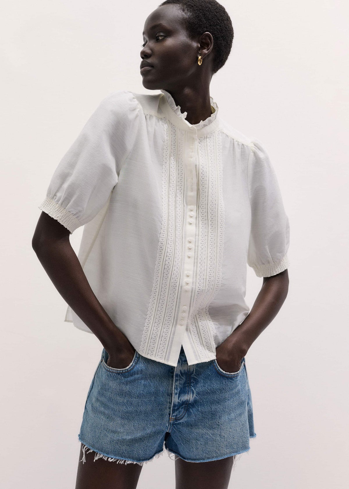 ME+EM White Silk + Cotton Pintuck Detail Straight Blouse
