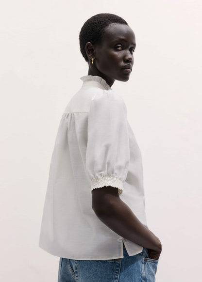 ME+EM White Silk + Cotton Pintuck Detail Straight Blouse