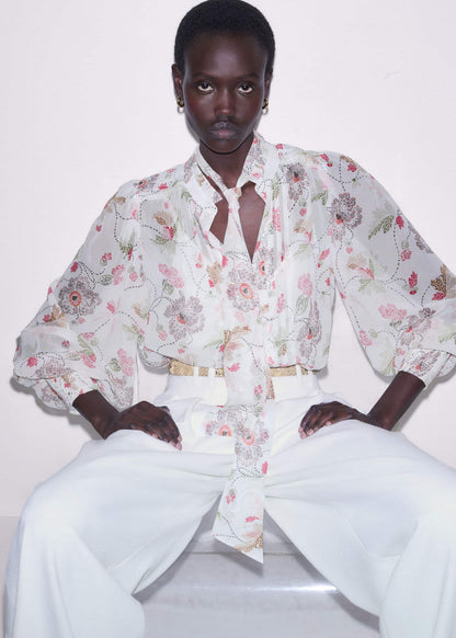 ME+EM Cream Silk Balloon Sleeve Blouse