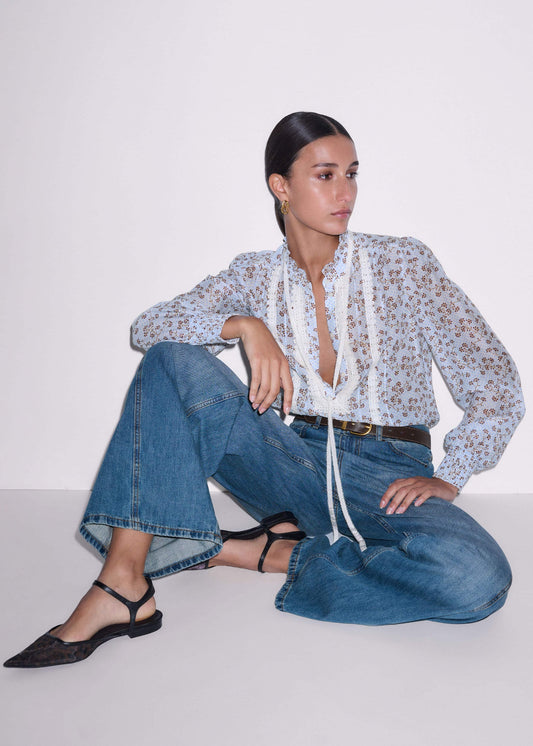 ME+EM Blue Scallop Daisy Print Trim Detail Blouse + Tie