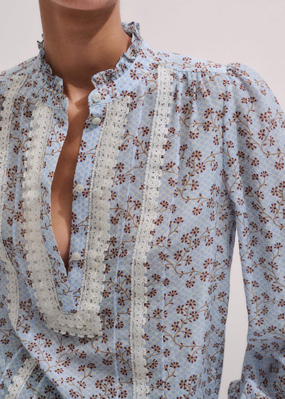 ME+EM Blue Scallop Daisy Print Trim Detail Blouse + Tie