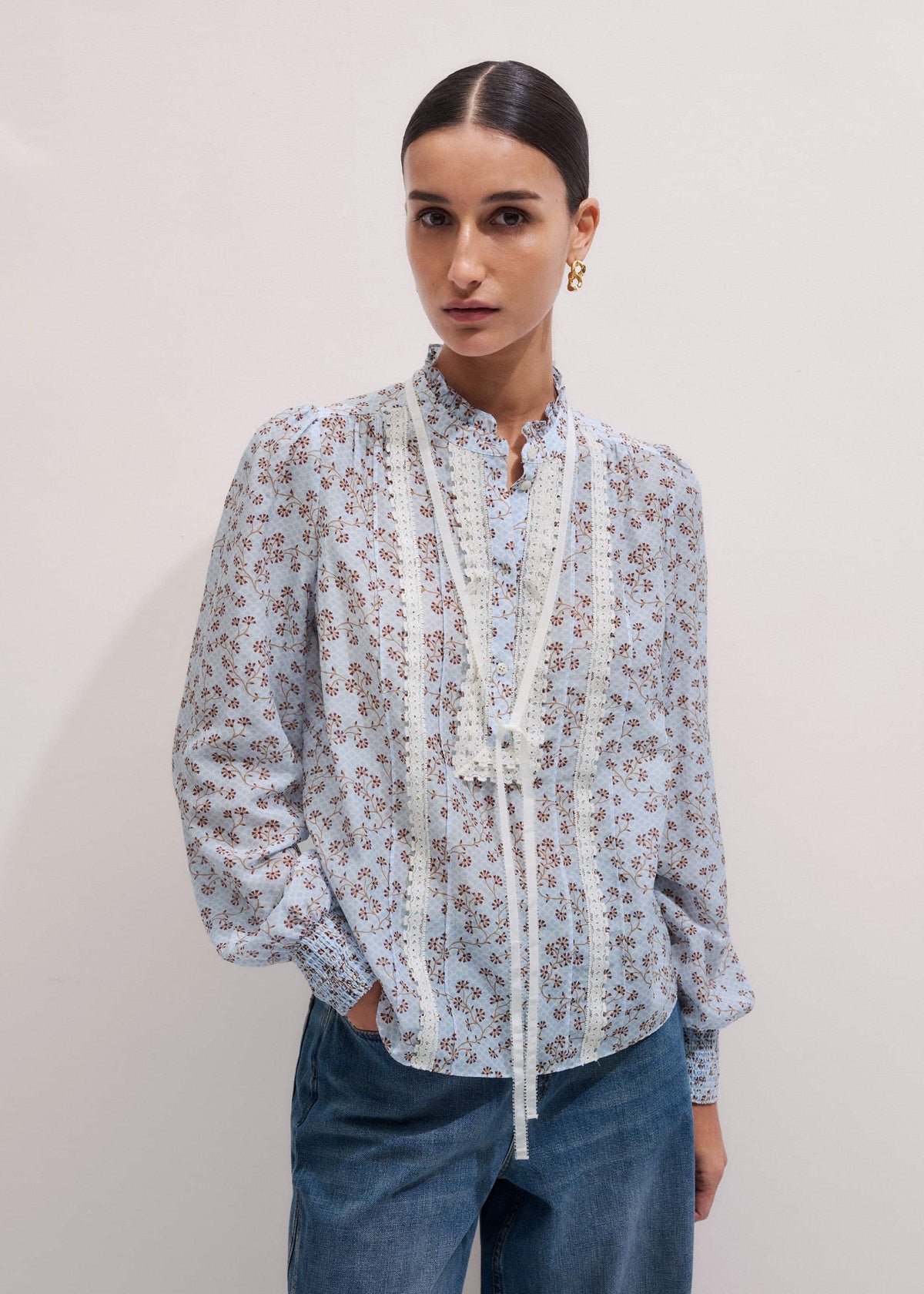 ME+EM Blue Scallop Daisy Print Trim Detail Blouse + Tie