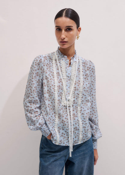 ME+EM Blue Scallop Daisy Print Trim Detail Blouse + Tie