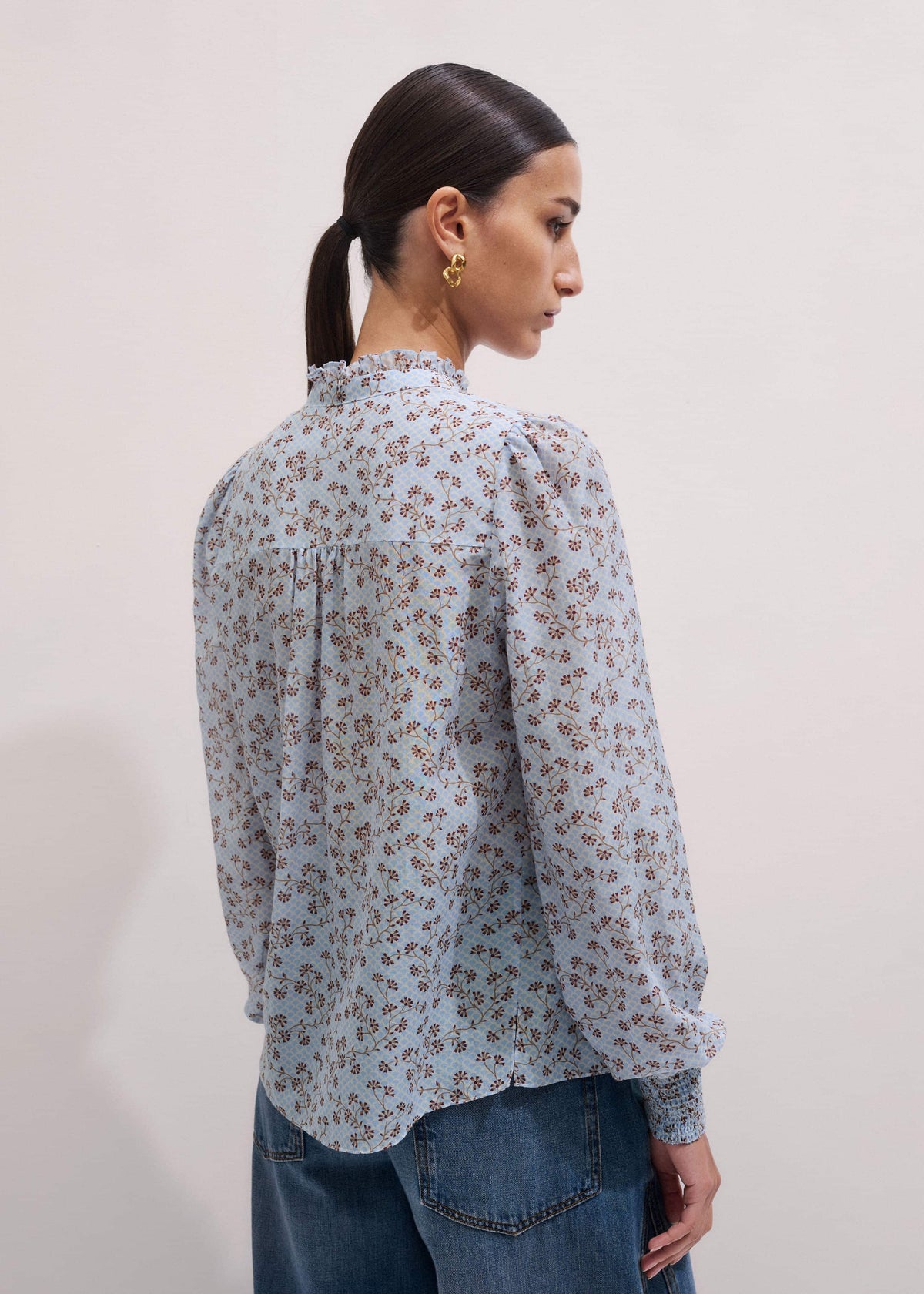 ME+EM Blue Scallop Daisy Print Trim Detail Blouse + Tie