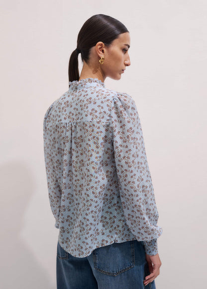 ME+EM Blue Scallop Daisy Print Trim Detail Blouse + Tie