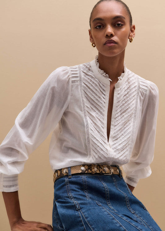 ME+EM White Delicate Pintucked High-Neck Top