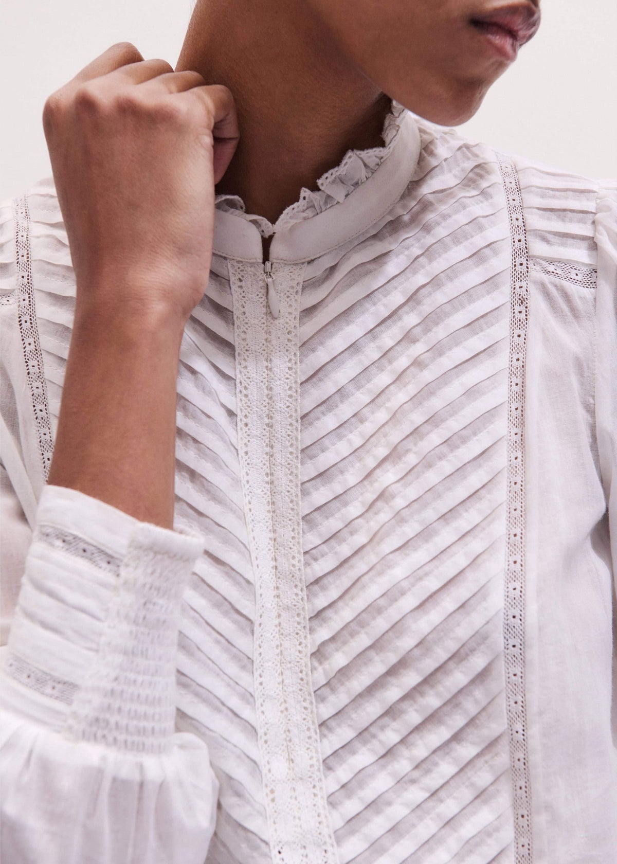 ME+EM White Delicate Pintucked High-Neck Top