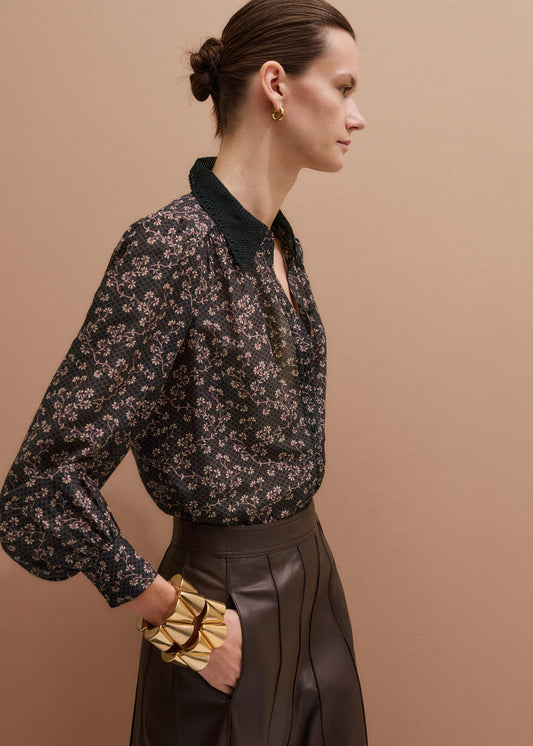 ME+EM Black Scallop Daisy Print Feature Collar Blouse