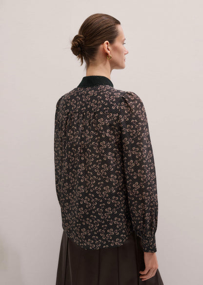 ME+EM Black Scallop Daisy Print Feature Collar Blouse