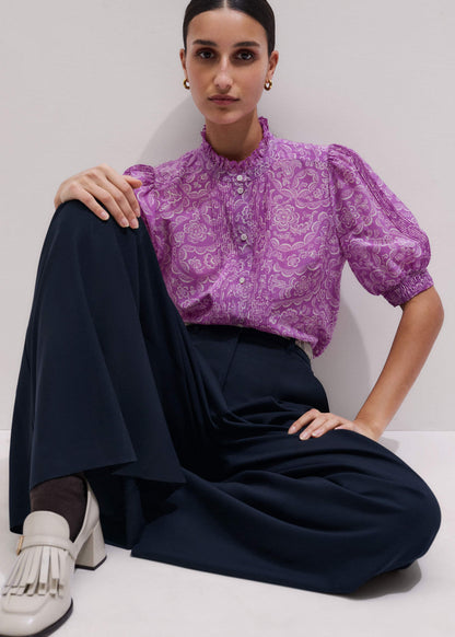 ME+EM Purple Silk Cotton Entangled Lace Print Straight Blouse