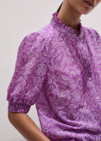 ME+EM Purple Silk Cotton Entangled Lace Print Straight Blouse