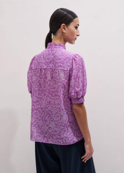ME+EM Purple Silk Cotton Entangled Lace Print Straight Blouse