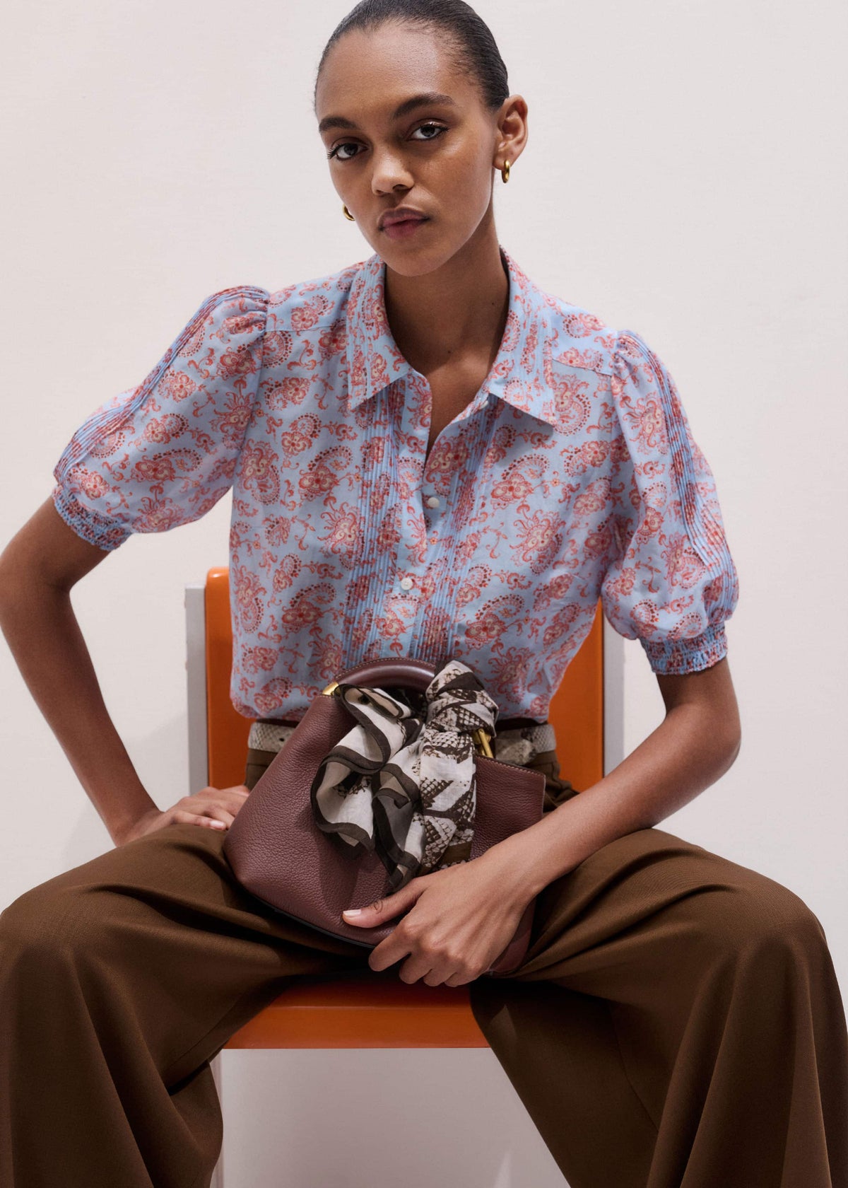 ME+EM Blue Silk Cotton Gilded Paisley Print Straight Blouse