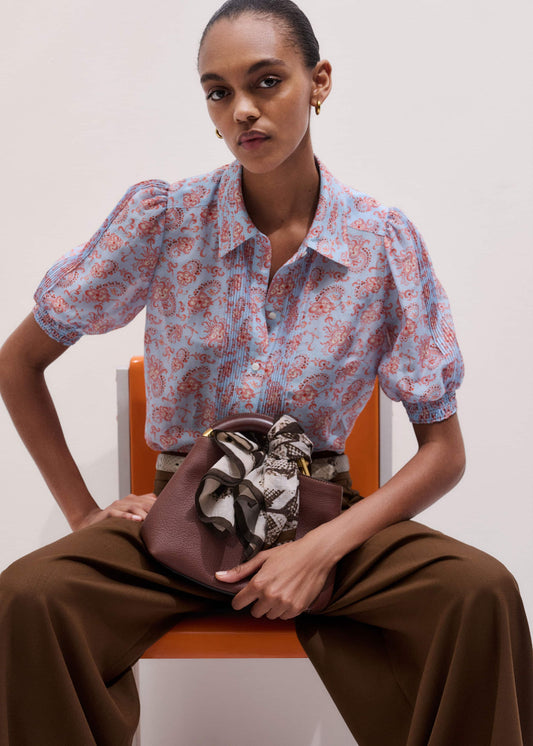 ME+EM Blue Silk Cotton Gilded Paisley Print Straight Blouse