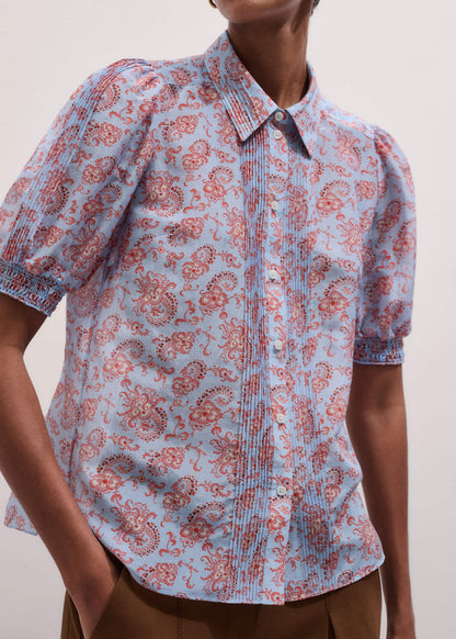ME+EM Blue Silk Cotton Gilded Paisley Print Straight Blouse