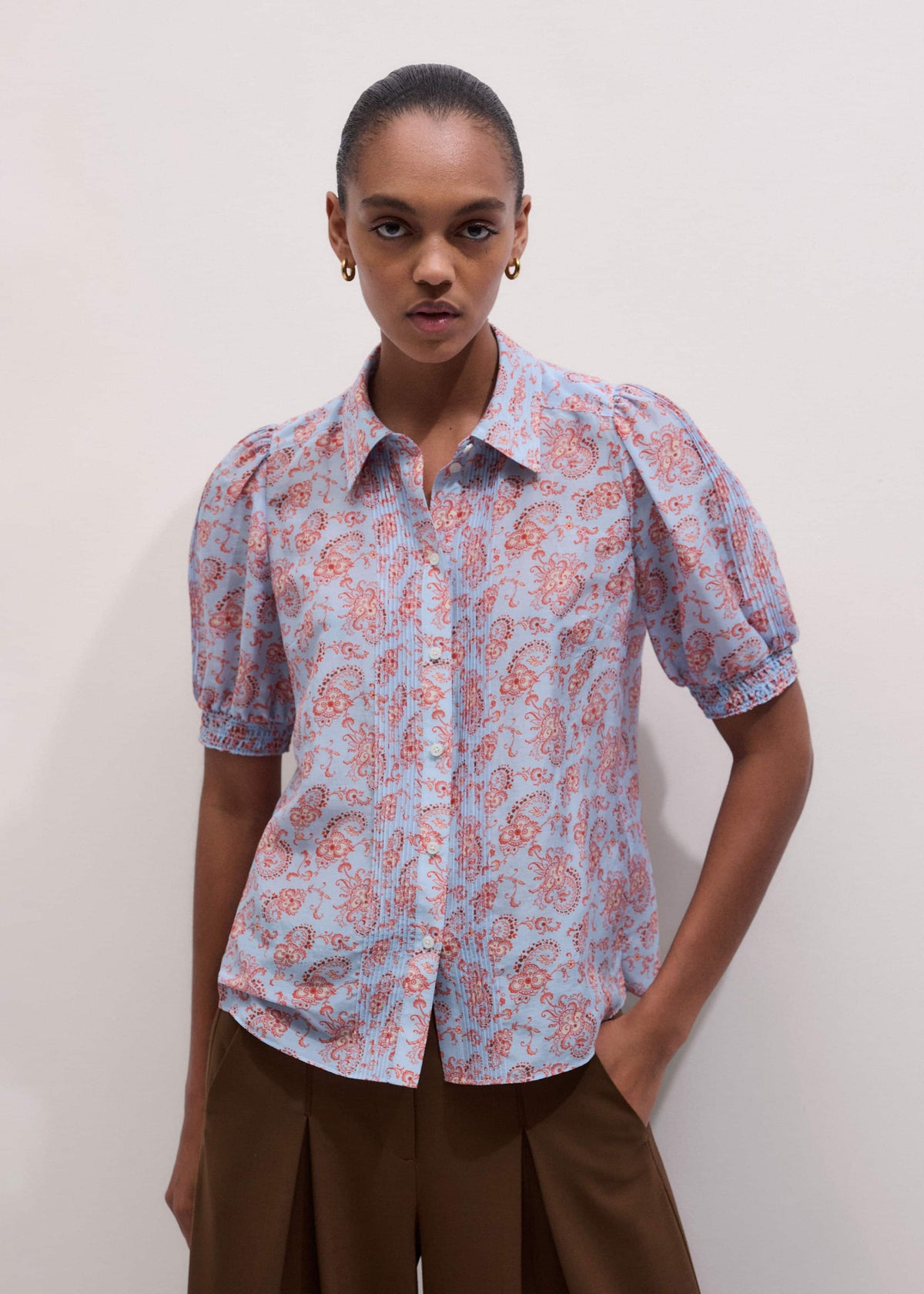 ME+EM Blue Silk Cotton Gilded Paisley Print Straight Blouse