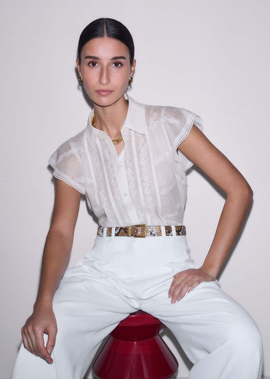 ME+EM Cream Silk Cotton Embroidery Collar Swing Blouse