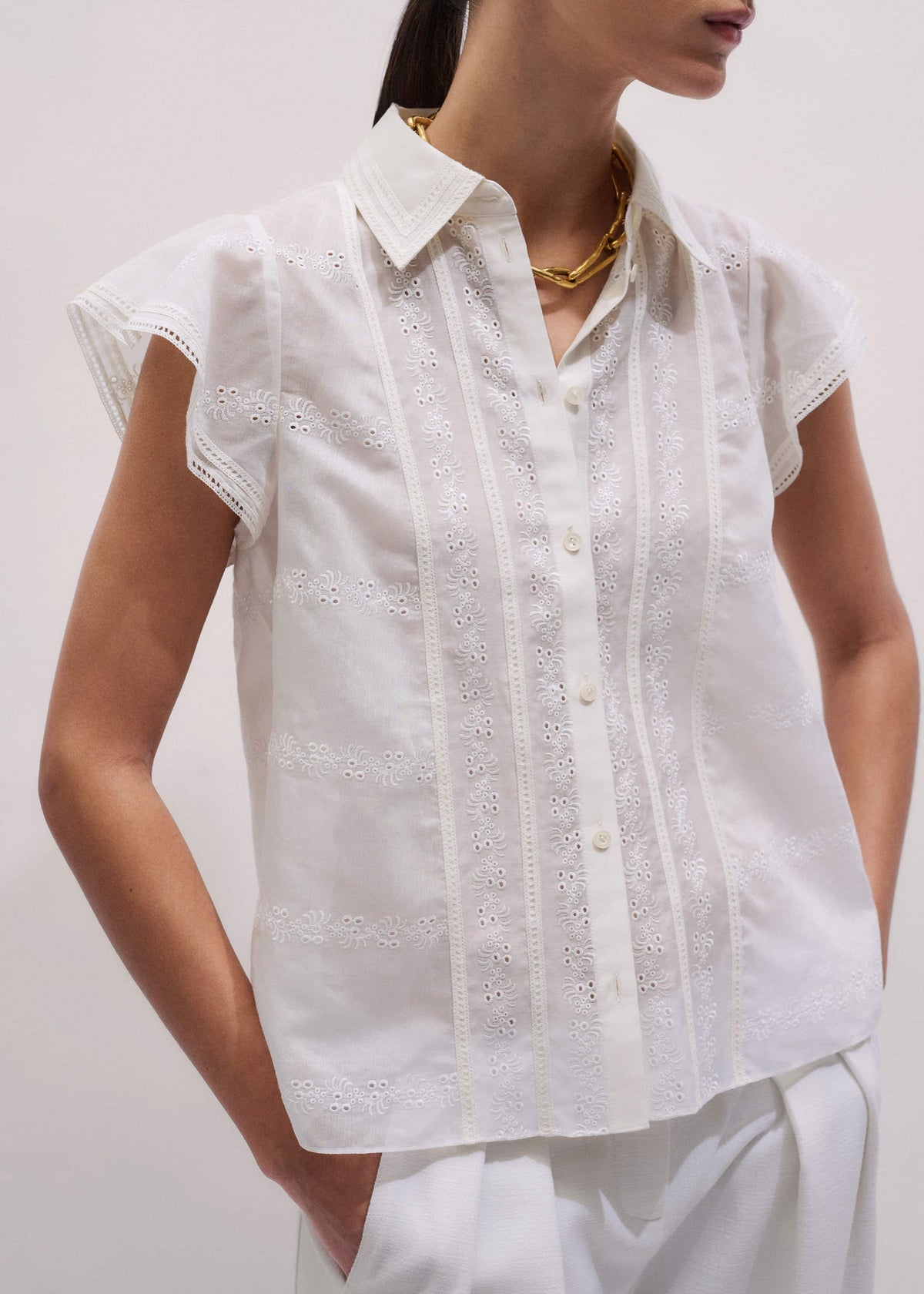 ME+EM Cream Silk Cotton Embroidery Collar Swing Blouse
